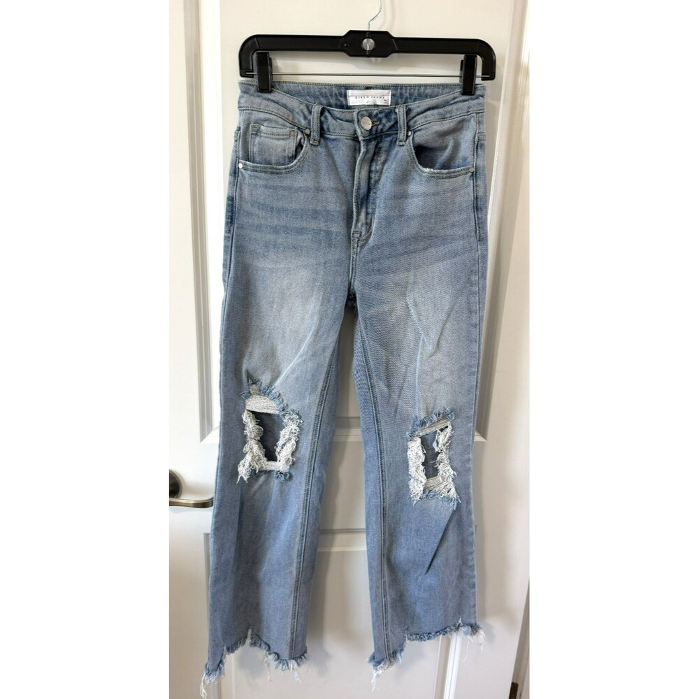 Risen Jeans Los Angeles High Rise Straight Leg Raw Hem Denim Sz 5/27 destructed